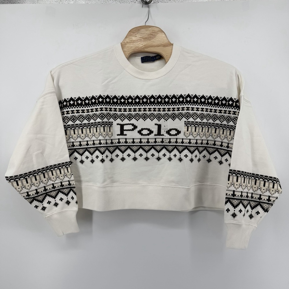 Polo Ralph Lauren Cream Fair Isle Knit Crewneck cropped Sweatshirt Women's Large